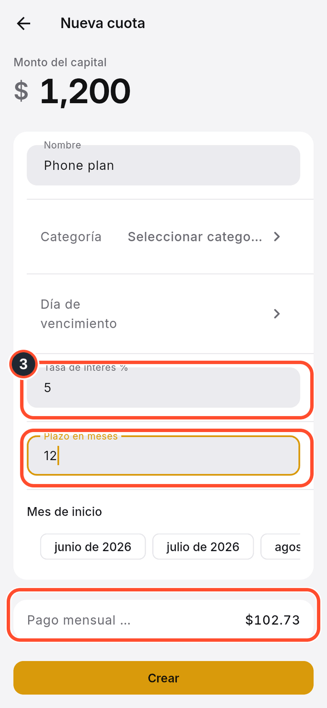 Los campos de tasa de interés y plazo, y el pago mensual estimado, señalados