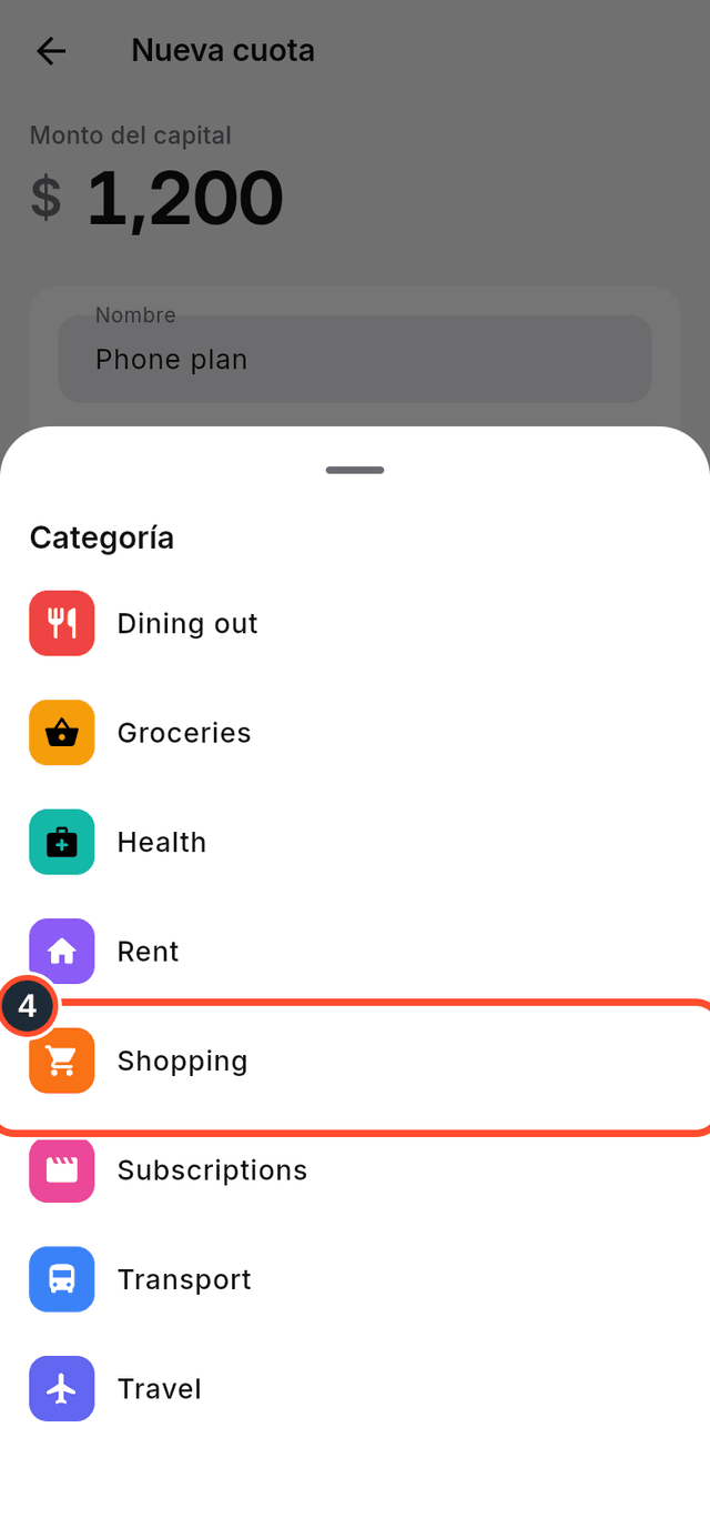El selector de categoría con Shopping señalada