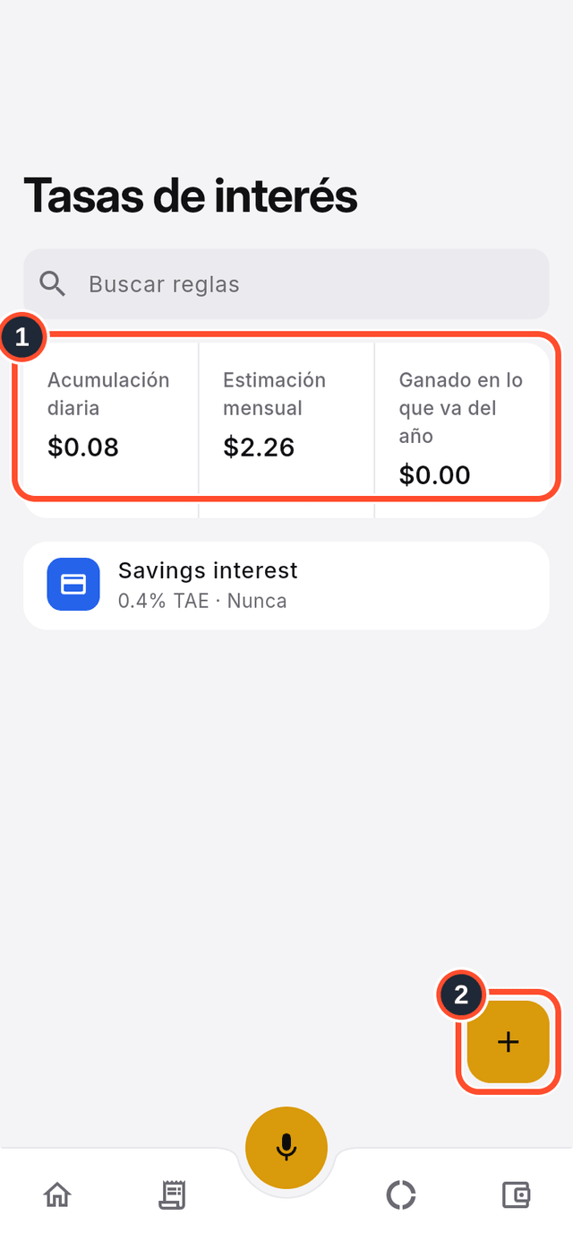 El resumen de tasas de interés y el botón Crear regla señalados