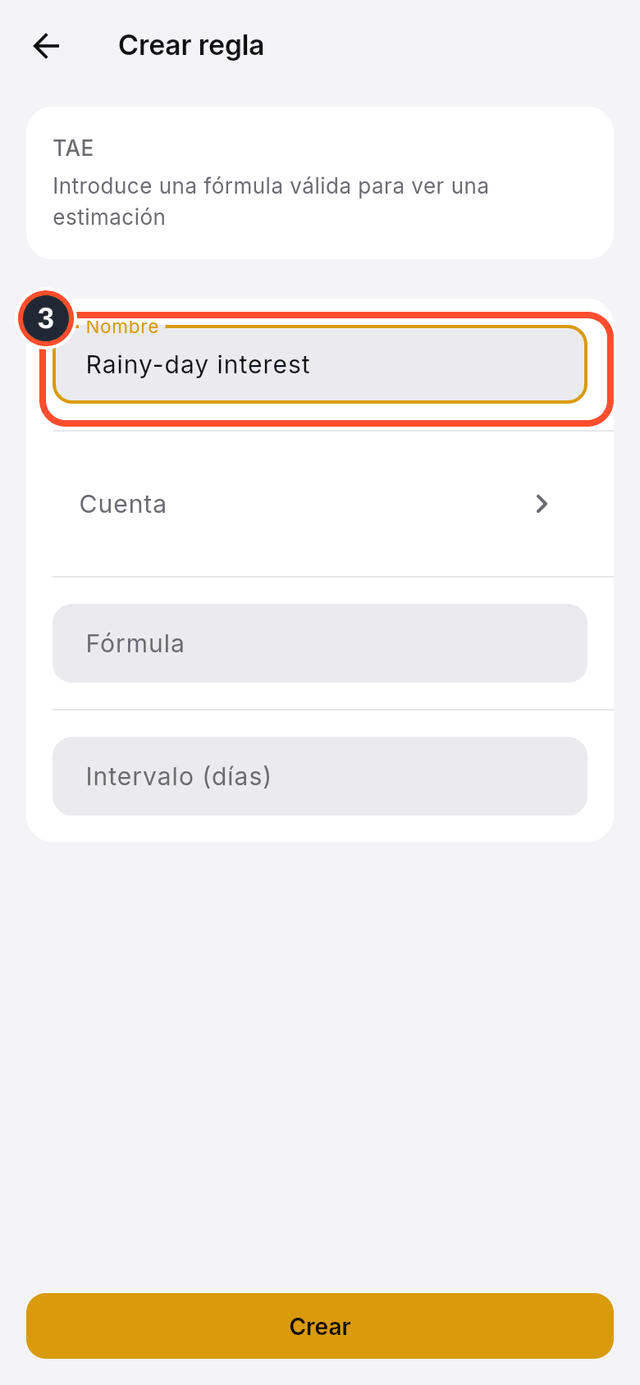 El campo de nombre señalado en el formulario de la nueva regla