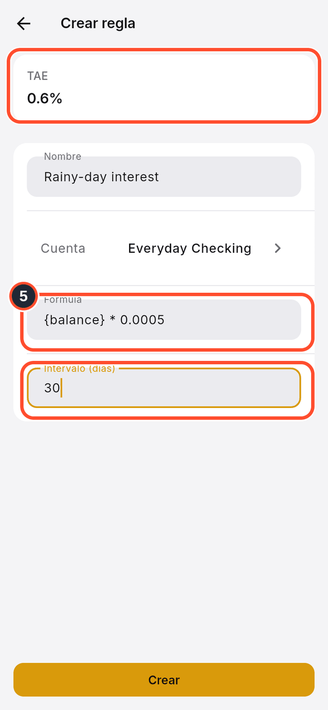 Los campos de fórmula e intervalo y la tarjeta TAE señalados