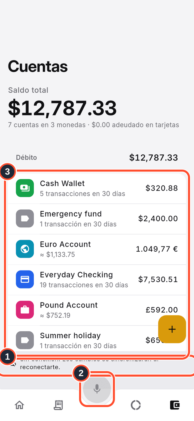 La pantalla Cuentas sin conexión, con el aviso, el botón de Bella atenuado y la lista de cuentas marcados