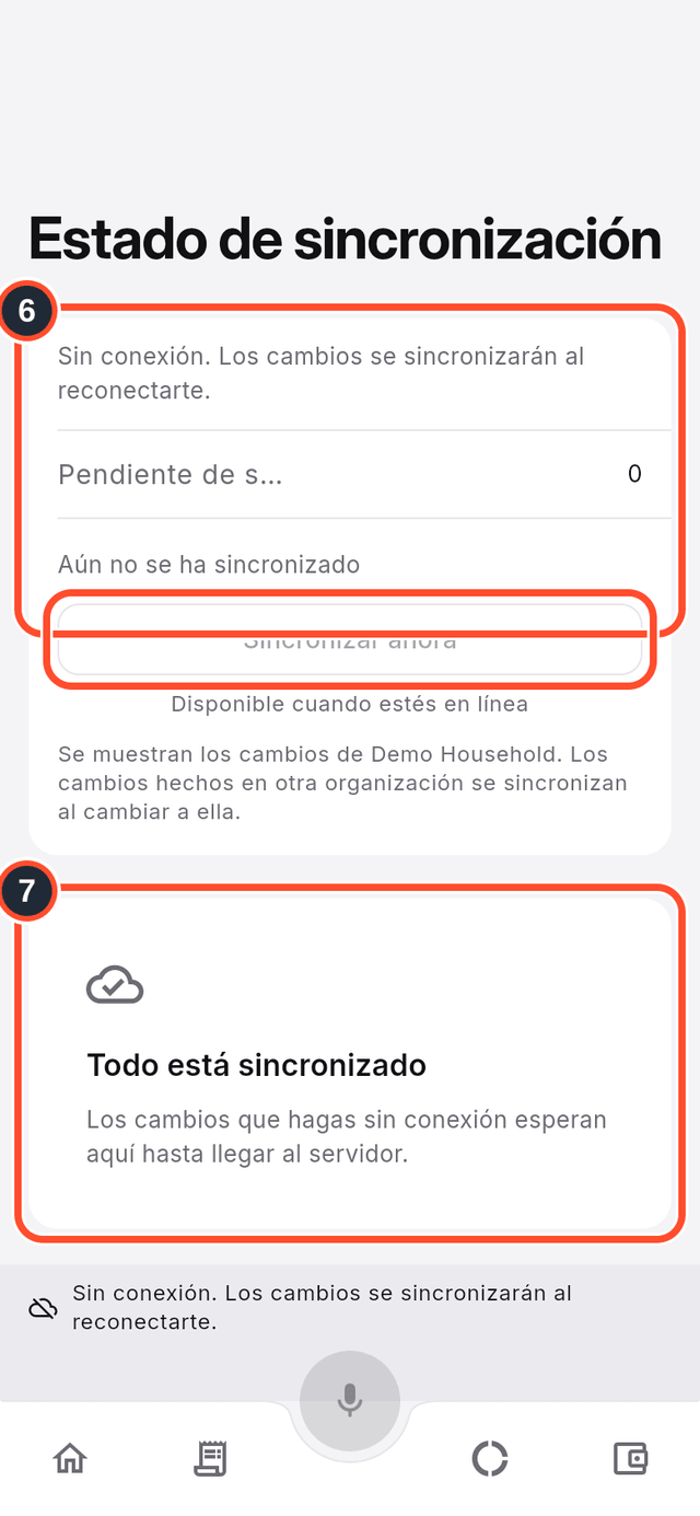 La pantalla Estado de sincronización con el estado y la tarjeta de todo sincronizado marcados