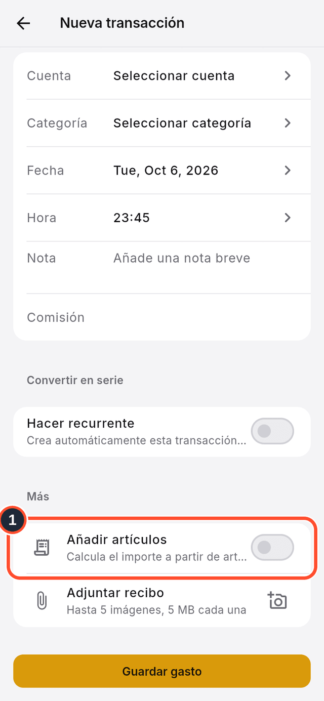 El interruptor Añadir artículos señalado en el formulario de nueva transacción