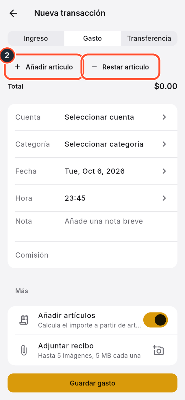 Los botones Añadir artículo y Restar artículo señalados
