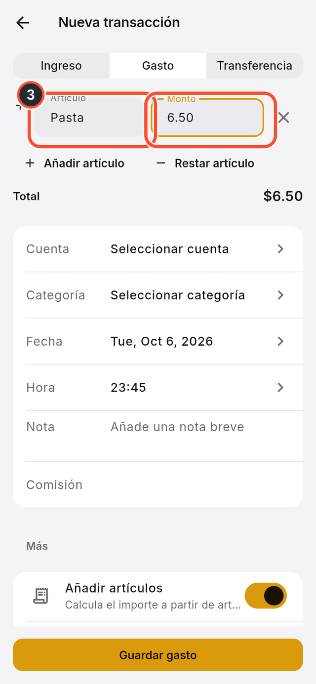 La primera fila de artículo con su nombre y su monto señalados
