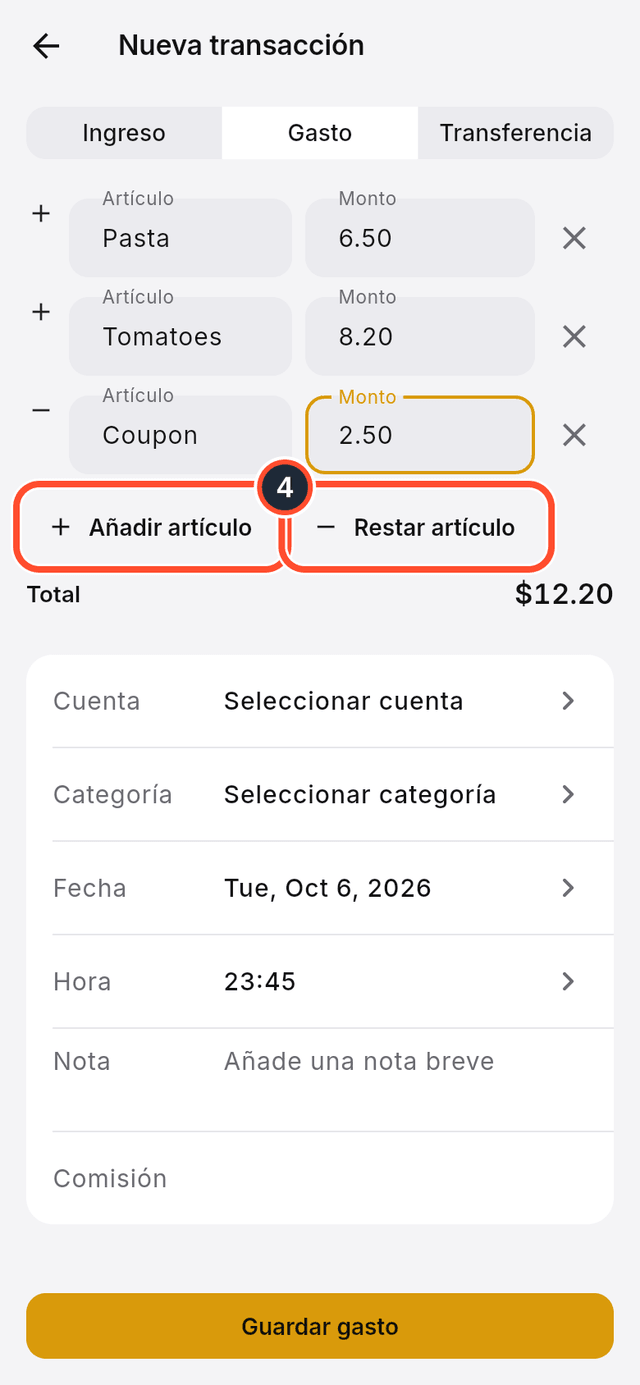 Tres filas de artículos con los botones para añadir y restar señalados