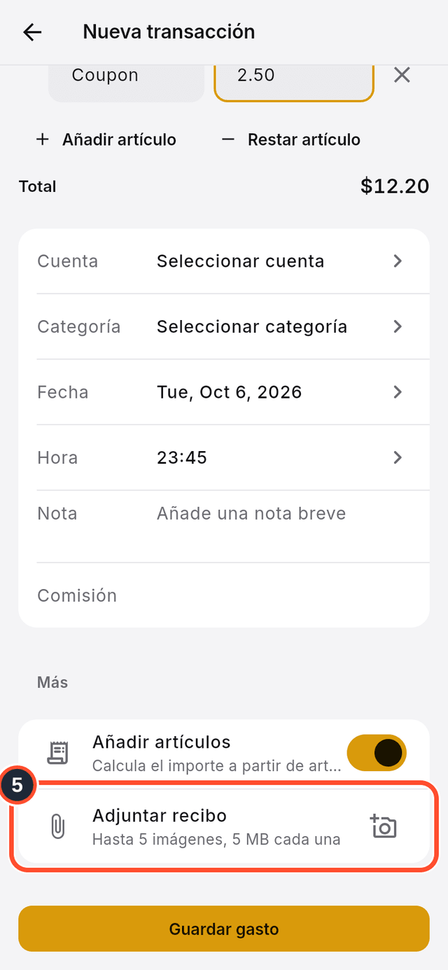 La fila Adjuntar recibo señalada