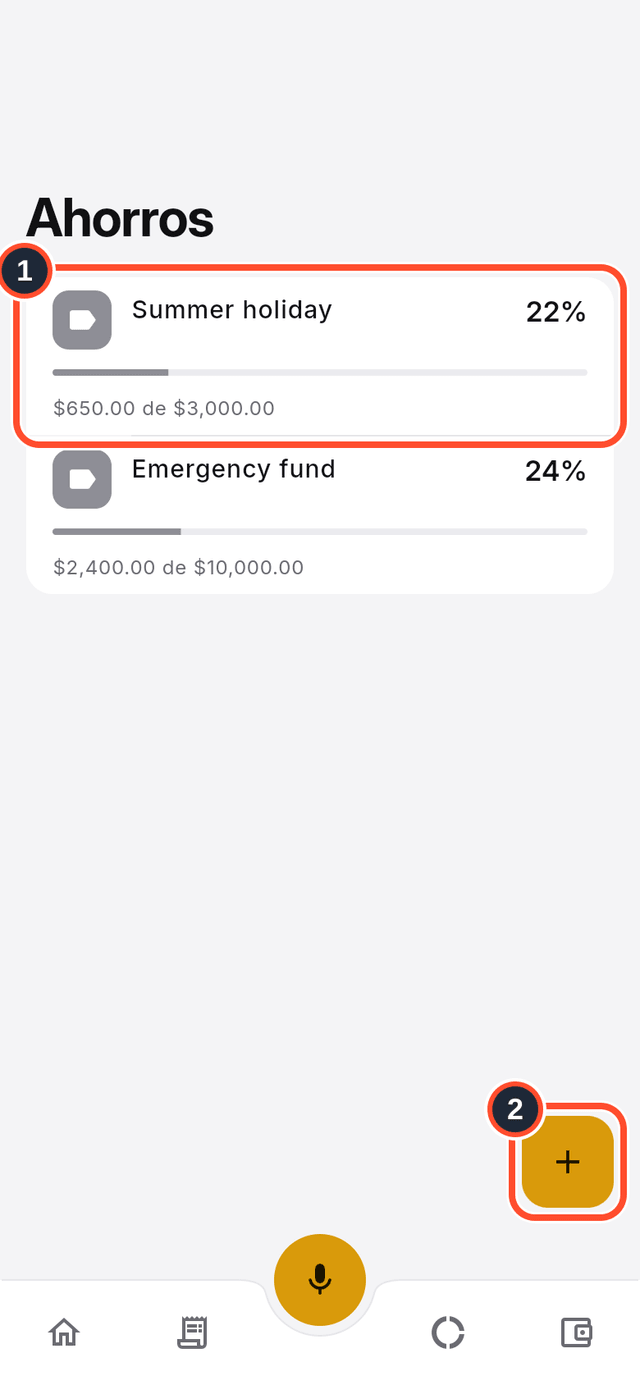La lista de ahorros con una tarjeta de progreso y el botón Crear meta señalados