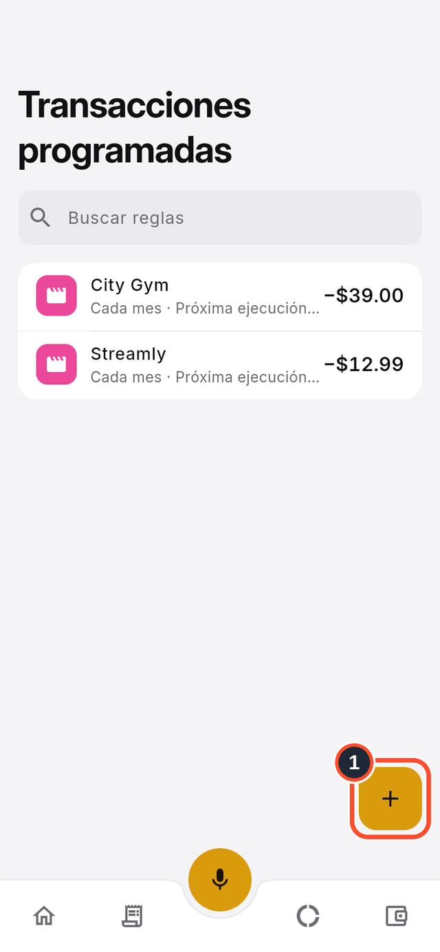 La lista de transacciones programadas con el botón Crear regla señalado