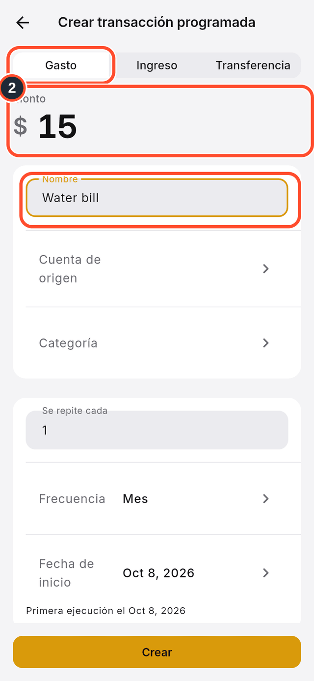 Las opciones de tipo y los campos de monto y nombre señalados