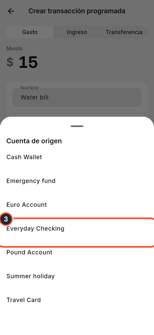 El selector de cuenta con Everyday Checking señalada