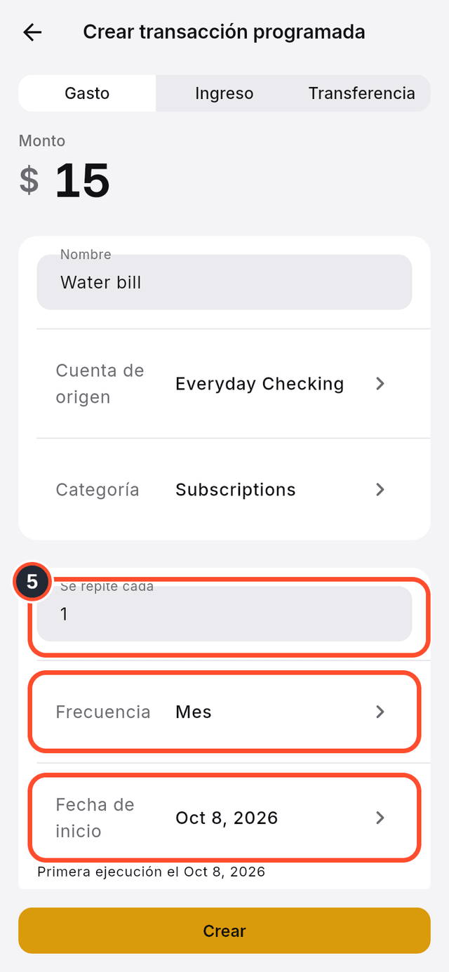 Los campos de repetición, frecuencia y fecha de inicio señalados