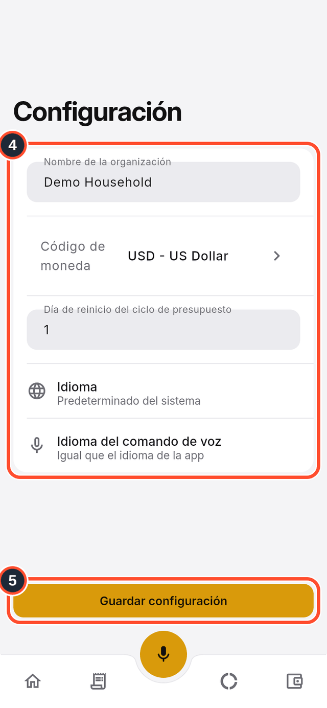 La pantalla de Configuración con los datos y el botón de guardar marcados