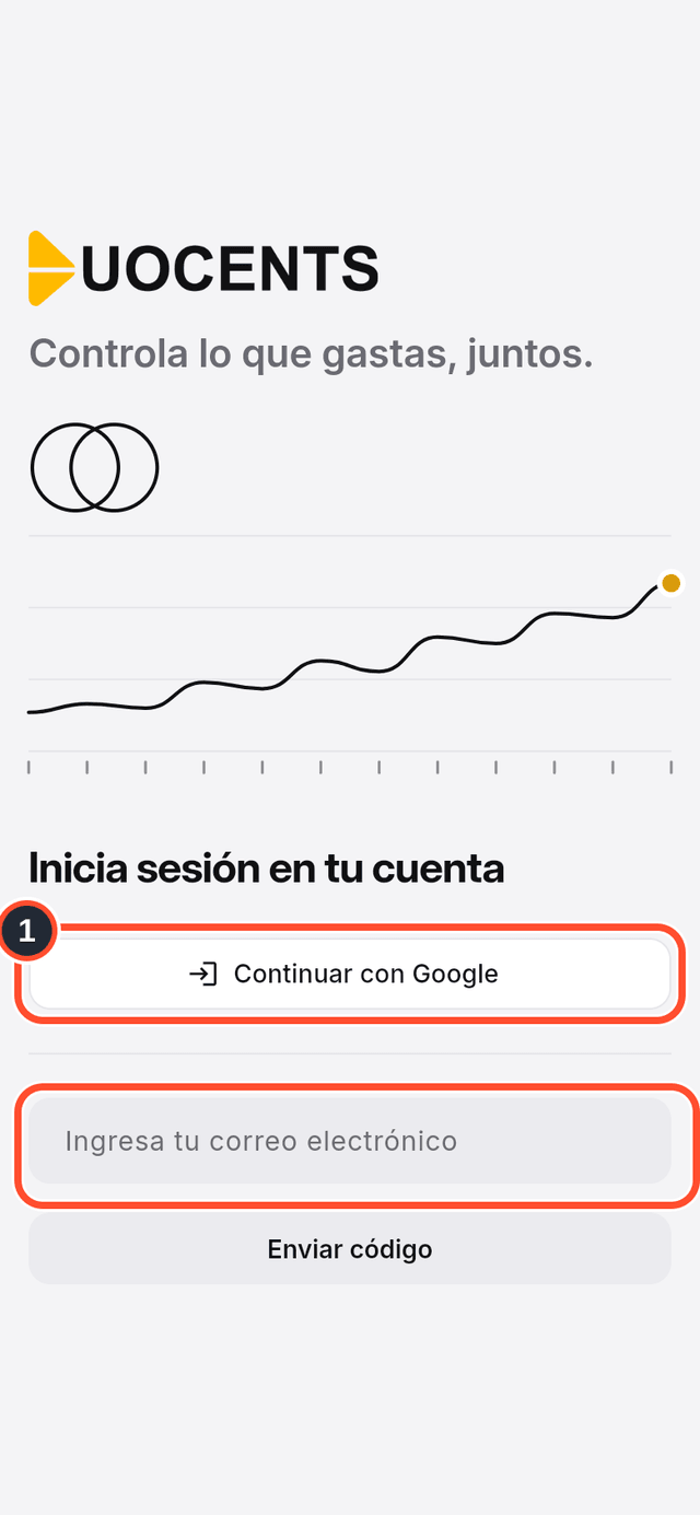 La pantalla de inicio de sesión con el botón de Google y el campo de correo señalados