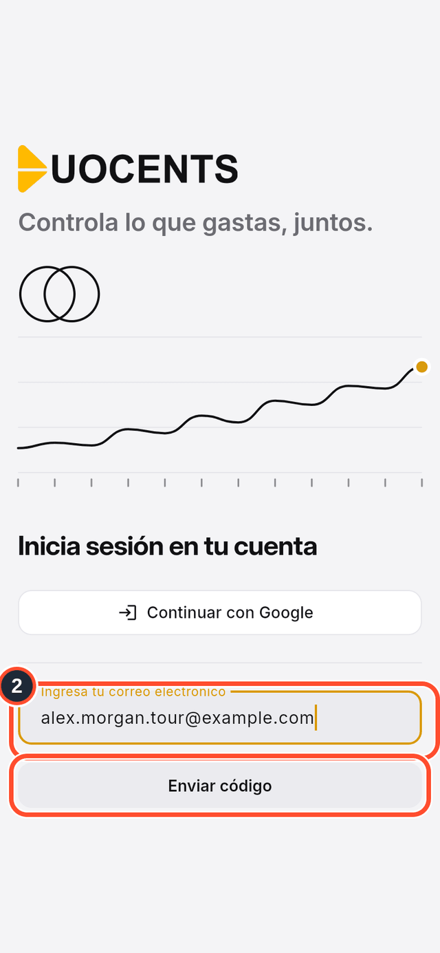 El campo de correo y el botón Enviar código señalados