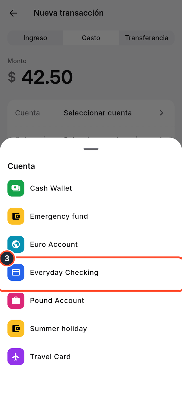 El selector de cuenta con Everyday Checking señalada
