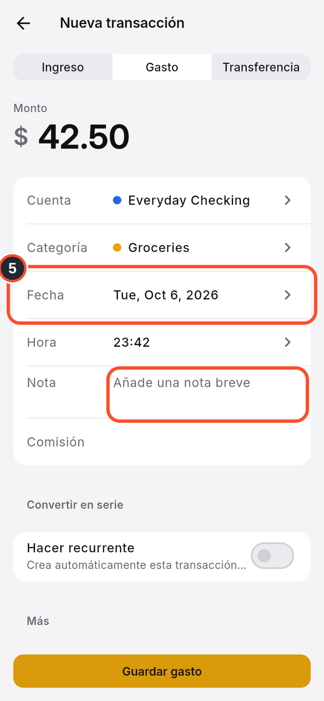 Los campos de fecha y nota señalados en el formulario