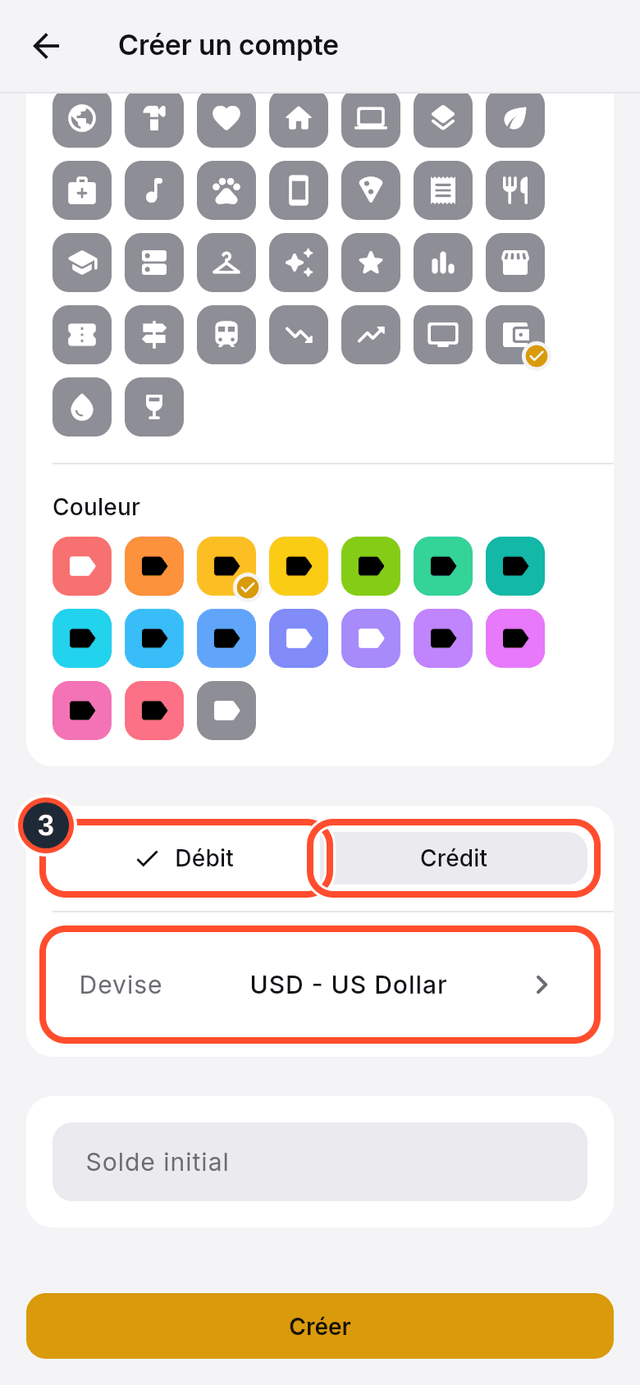 Les options de type de compte et de devise signalées