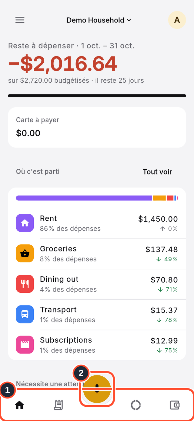La barre du bas avec ses quatre onglets et le bouton Bella signalés