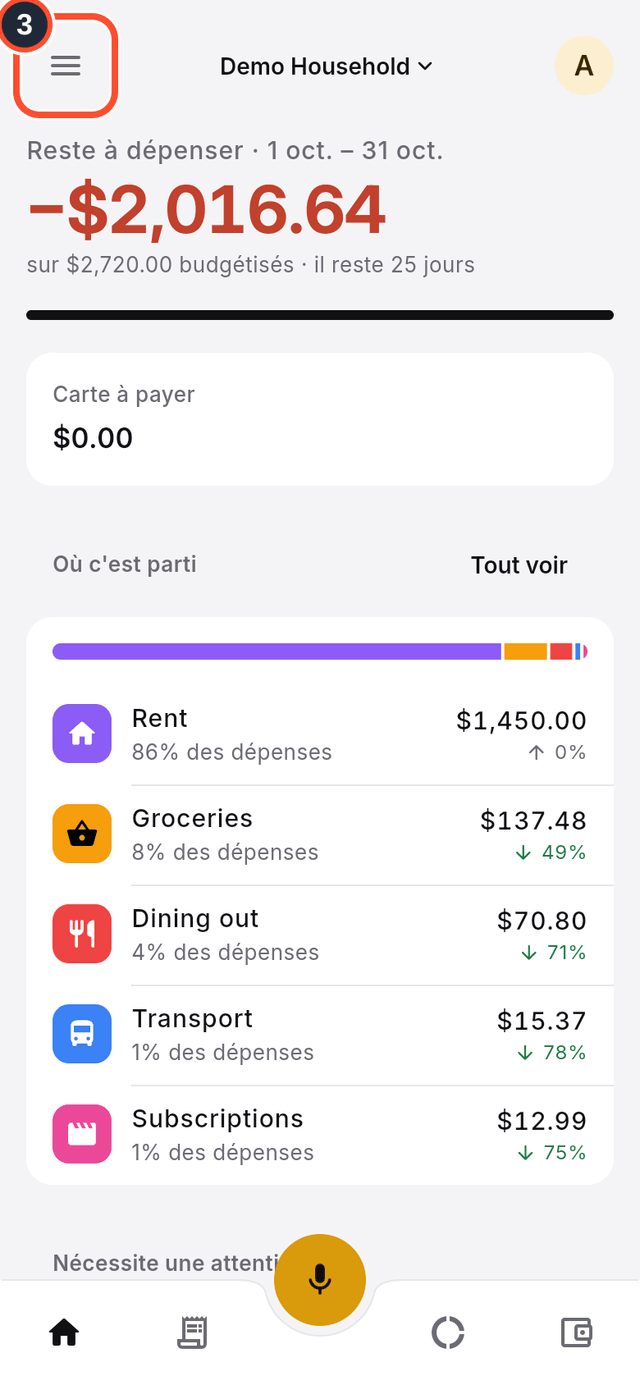 Le bouton de menu signalé en haut à gauche