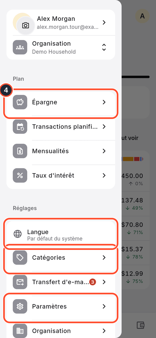 Le menu de l'application ouvert avec Épargne, Catégories, Langue et Paramètres signalés