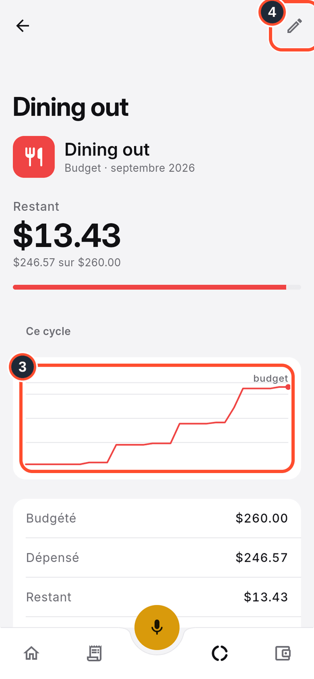 Une catégorie avec son graphique de dépenses et le bouton Modifier signalés