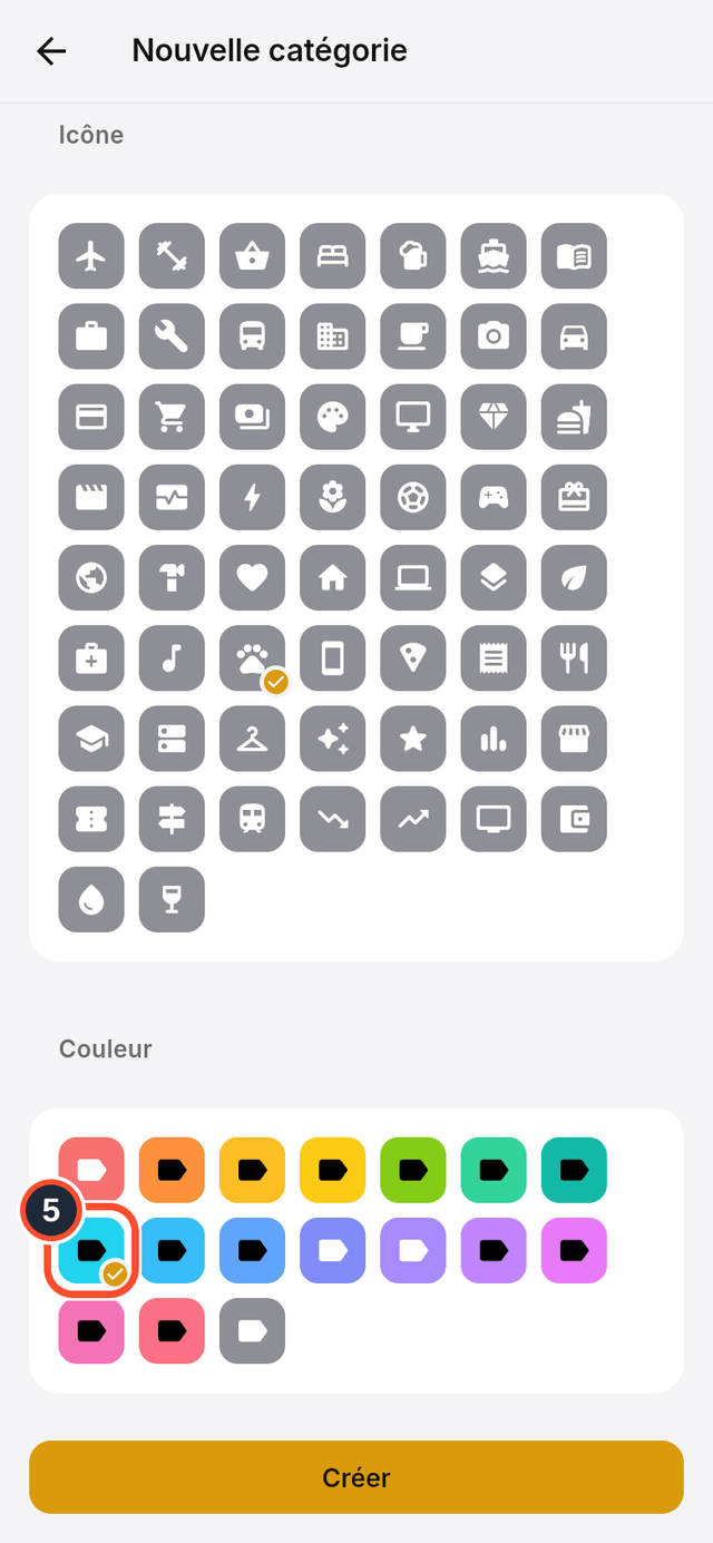 Une couleur sélectionnée et signalée dans la grille de couleurs