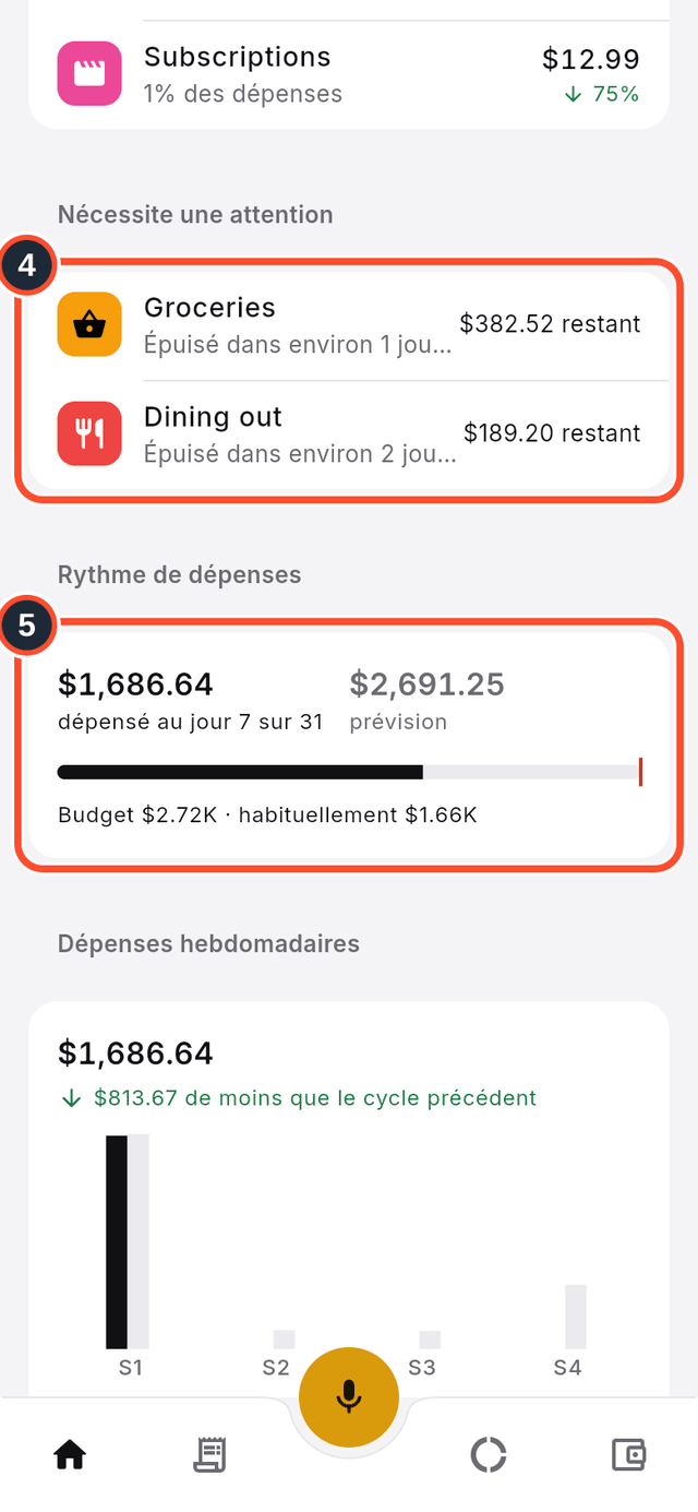 Les cartes Nécessite une attention et Rythme de dépenses repérées