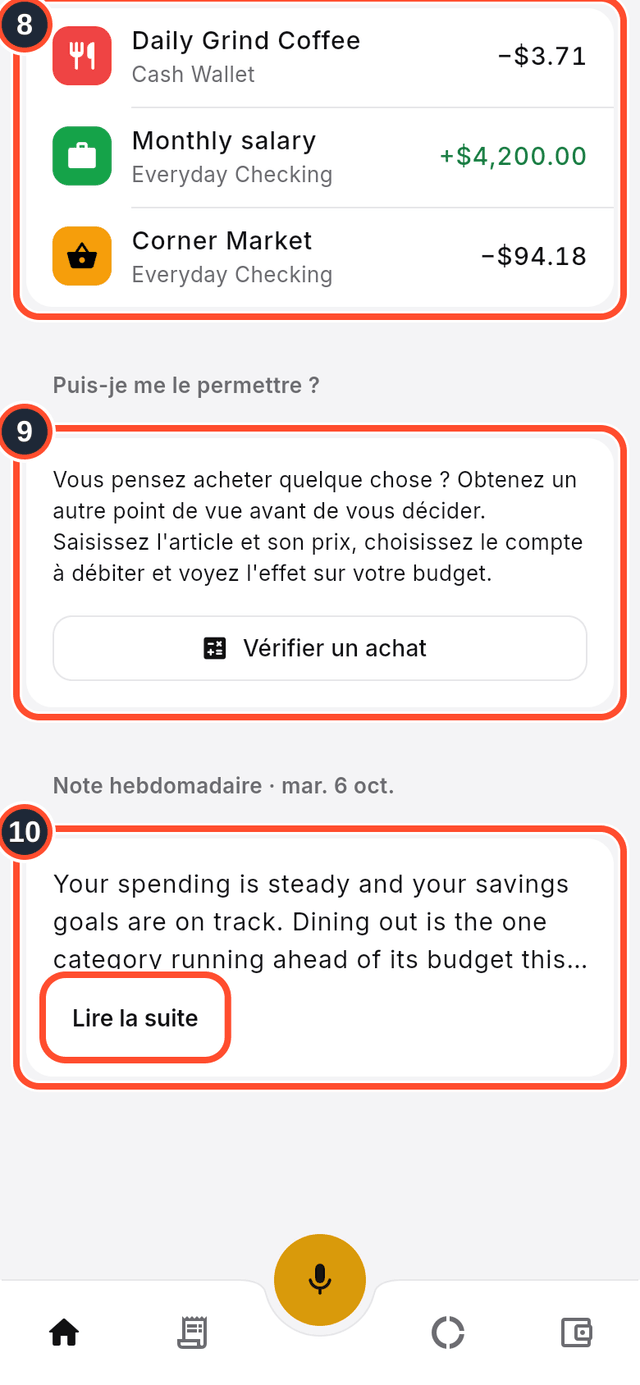 Les cartes Récent, Puis-je me le permettre ? et la note hebdomadaire repérées