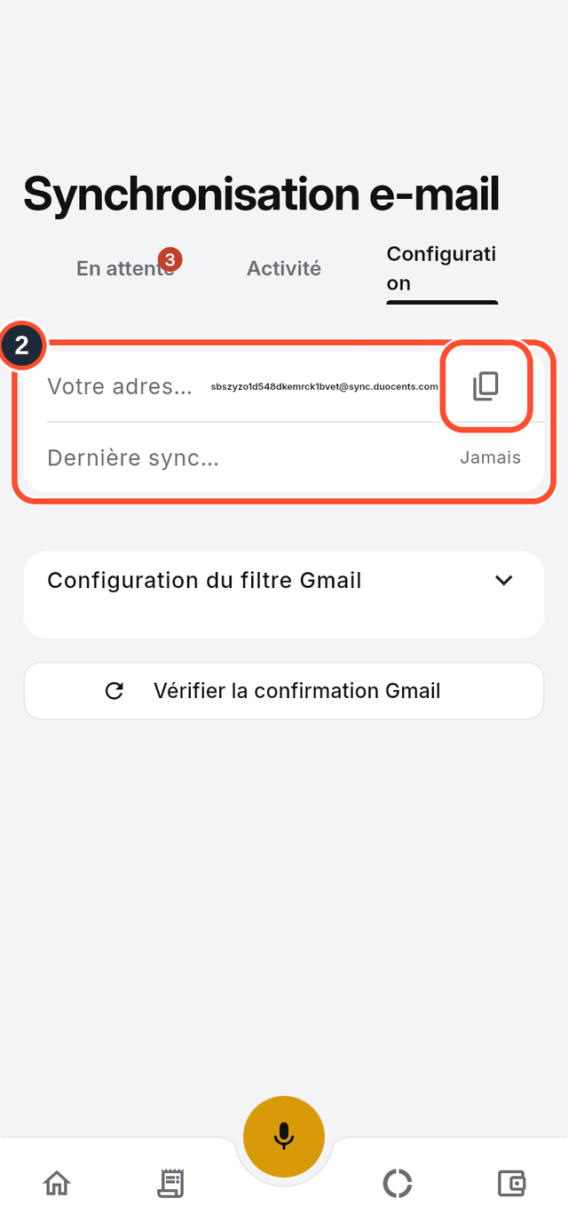 L'onglet Configuration avec l'adresse de synchronisation repérée