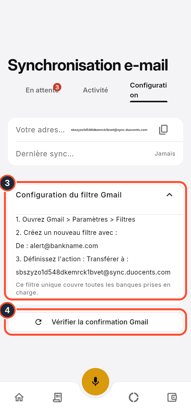 Les instructions du filtre Gmail et le bouton de confirmation repérés