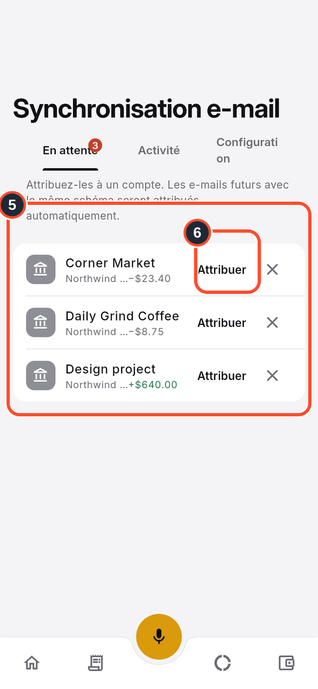 Les transactions en attente avec le bouton Attribuer repéré