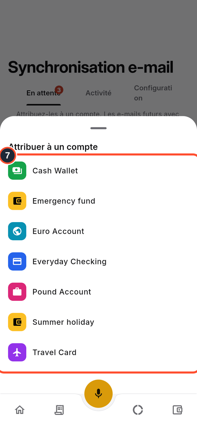 La liste des comptes auxquels attribuer une transaction en attente