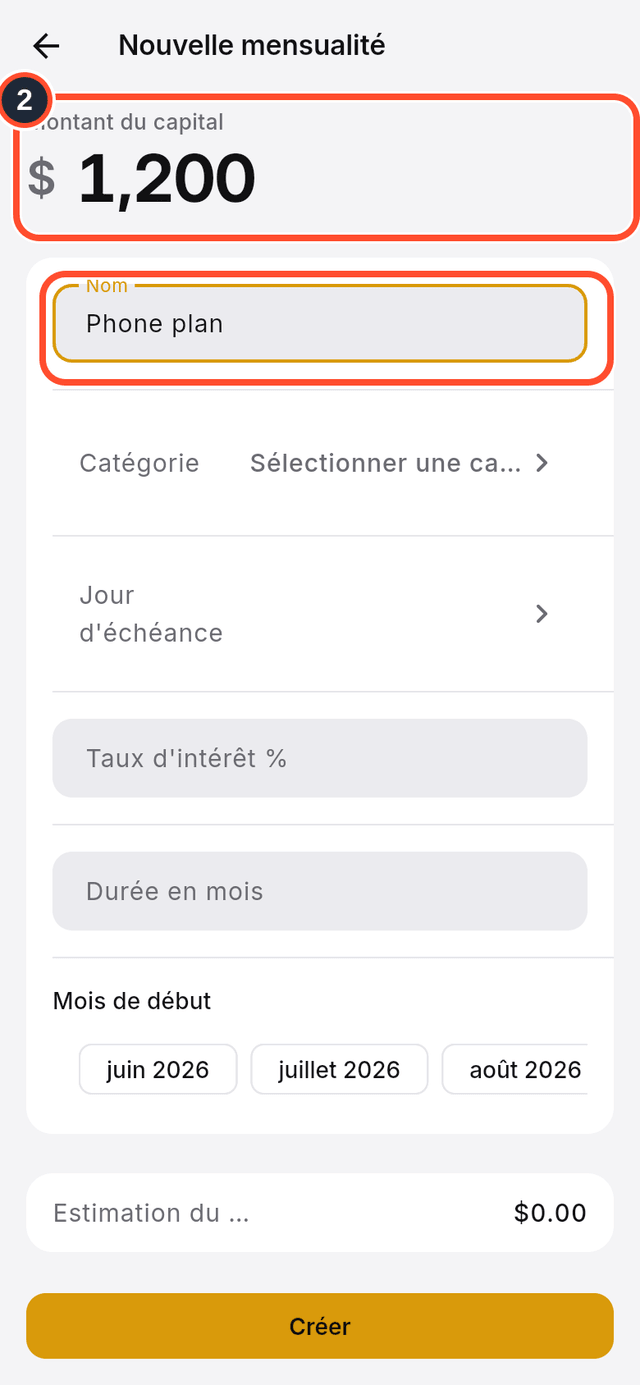 Les champs montant du capital et nom signalés