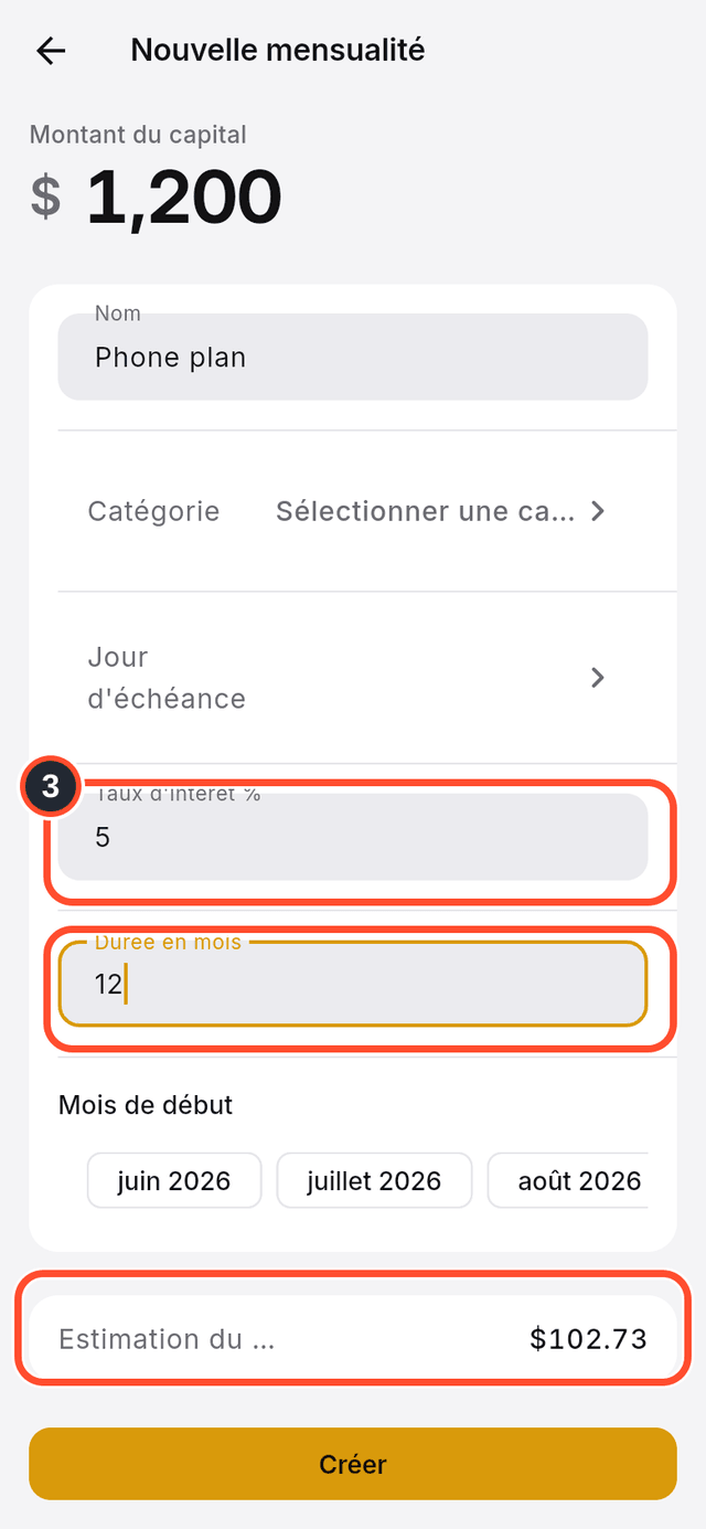 Les champs taux d'intérêt et durée, et l'estimation du paiement mensuel, signalés