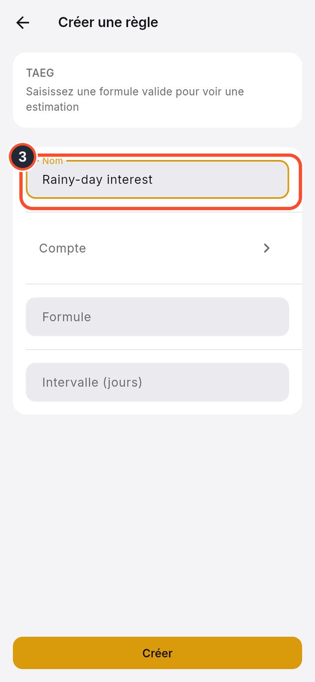Le champ du nom signalé dans le formulaire de la nouvelle règle