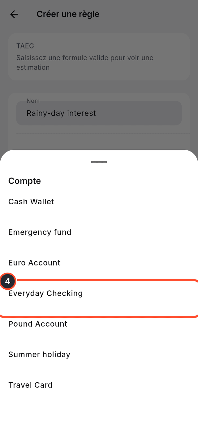 Le sélecteur de compte avec Everyday Checking signalé