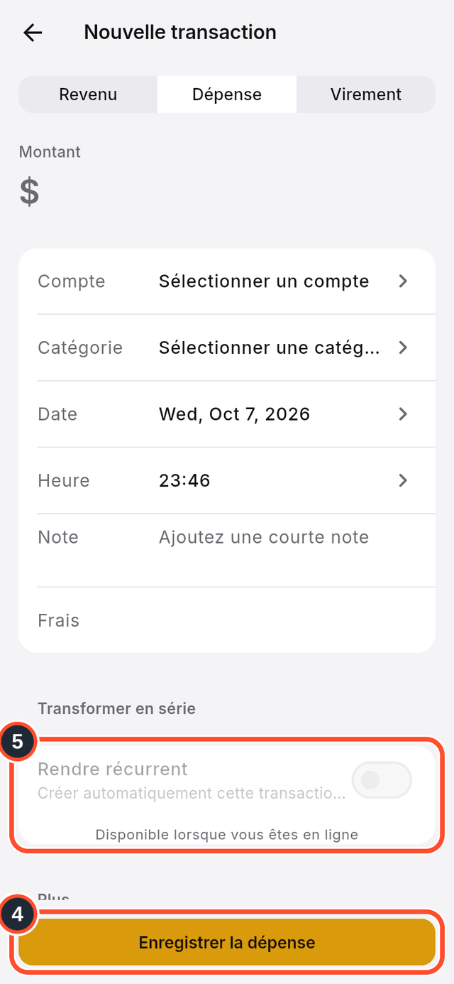 Le formulaire de nouvelle transaction hors ligne, avec le bouton d'enregistrement et une option réservée au mode en ligne repérés