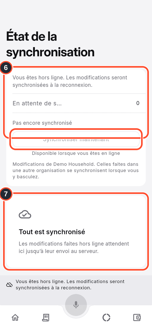 L'écran État de la synchronisation avec l'état et la carte « tout est synchronisé » repérés