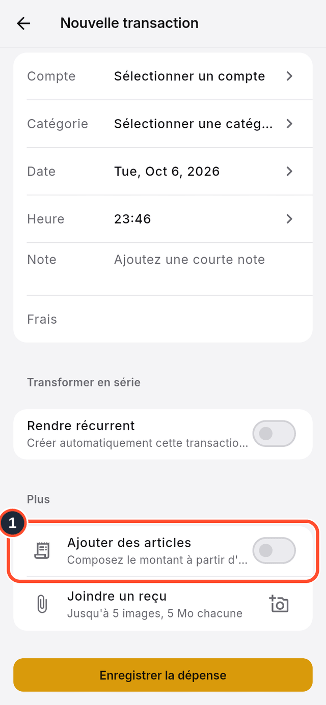 L'interrupteur Ajouter des articles signalé dans le formulaire de nouvelle transaction