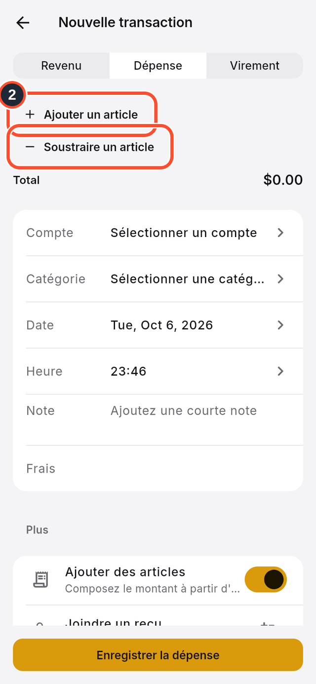 Les boutons Ajouter un article et Soustraire un article signalés
