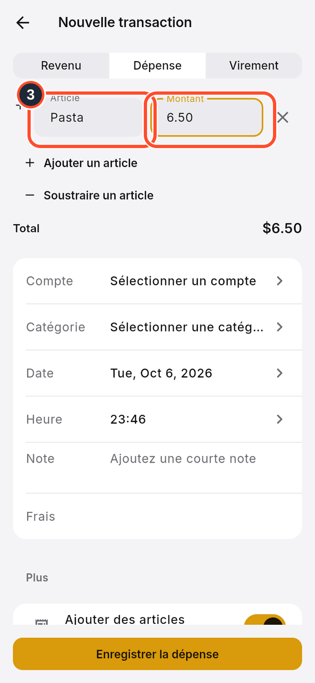 La première ligne d'article avec son nom et son montant signalés