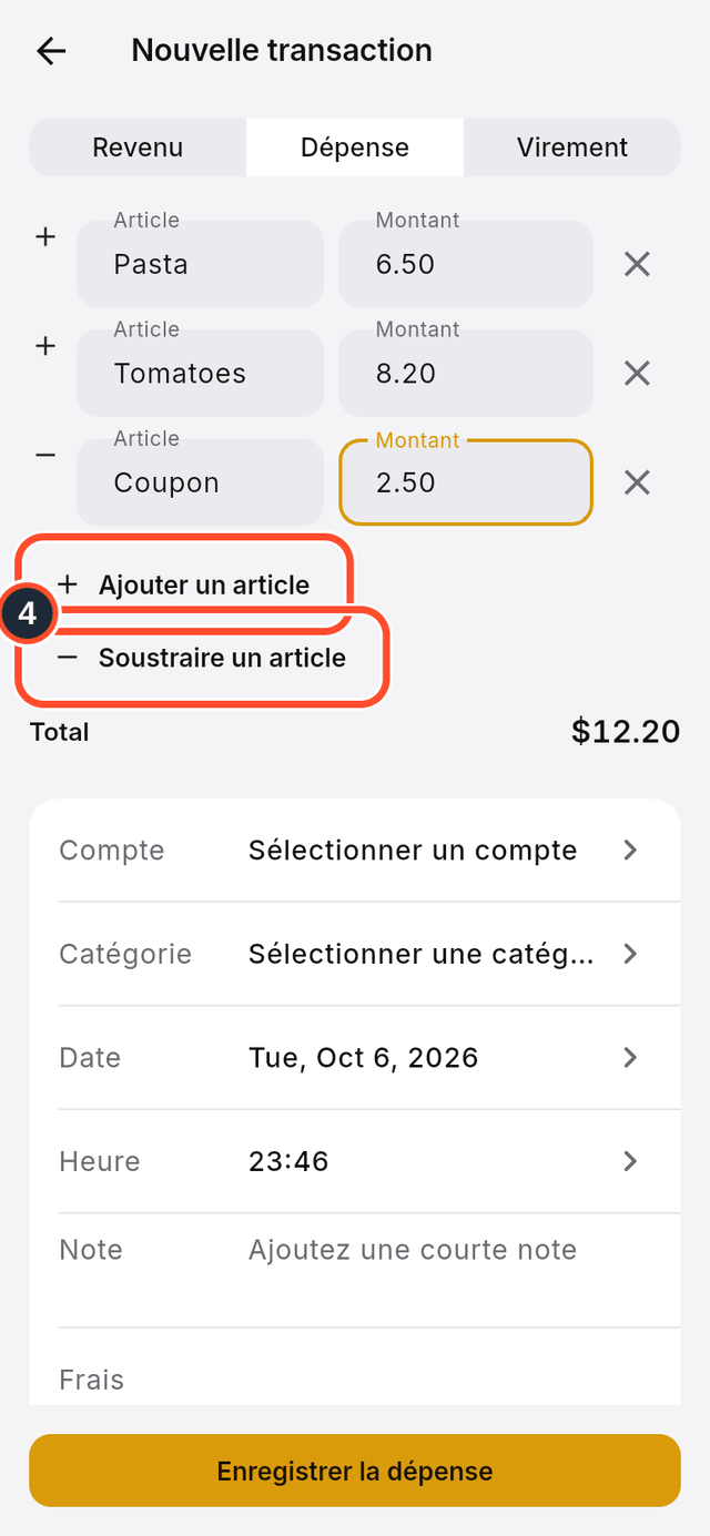 Trois lignes d'articles avec les boutons d'ajout et de soustraction signalés