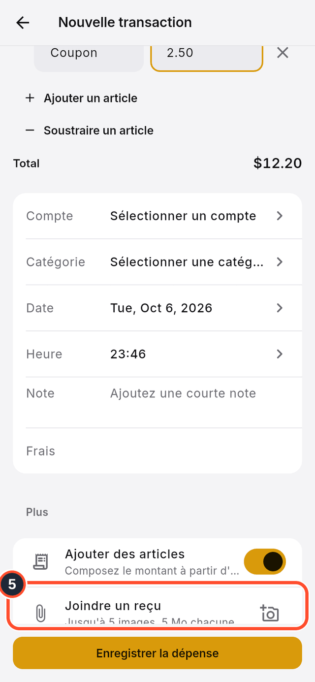 La ligne Joindre un reçu signalée