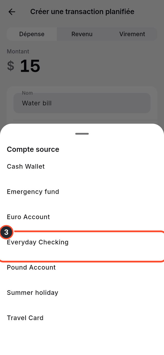 Le sélecteur de compte avec Everyday Checking signalé