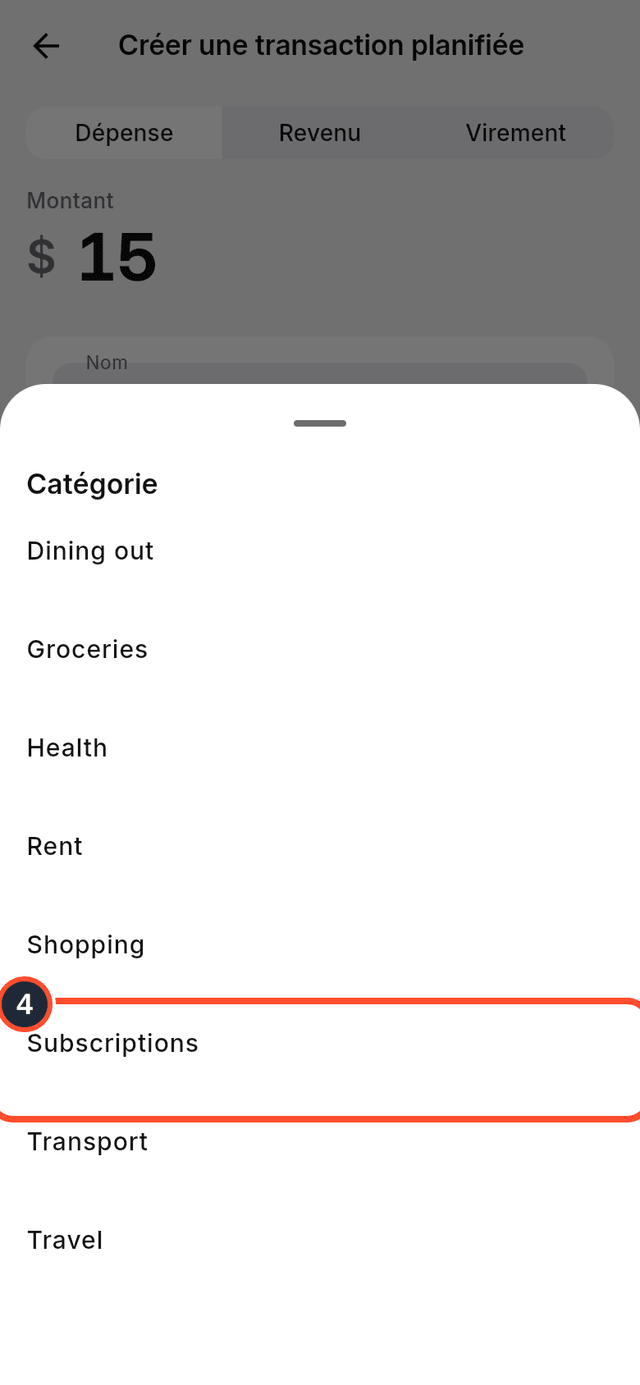 Le sélecteur de catégorie avec Subscriptions signalée