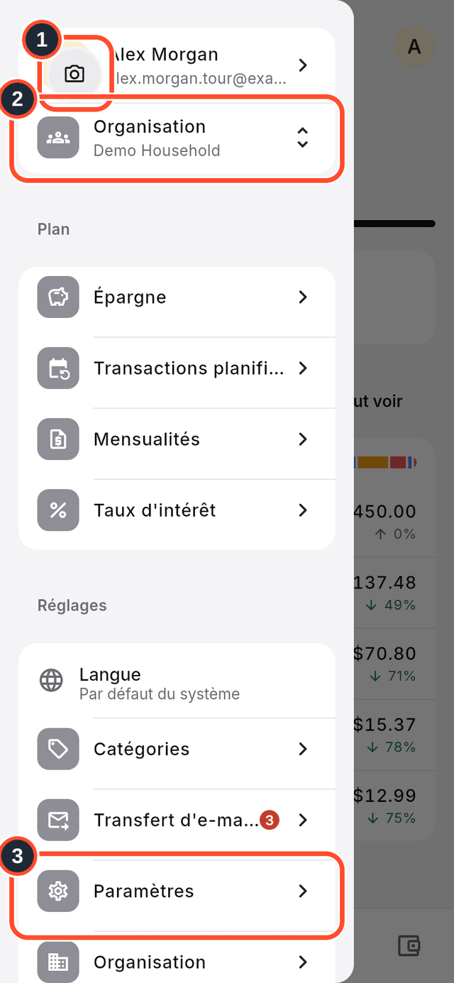 Le menu de l'app avec la photo, le sélecteur d'organisation et Paramètres repérés