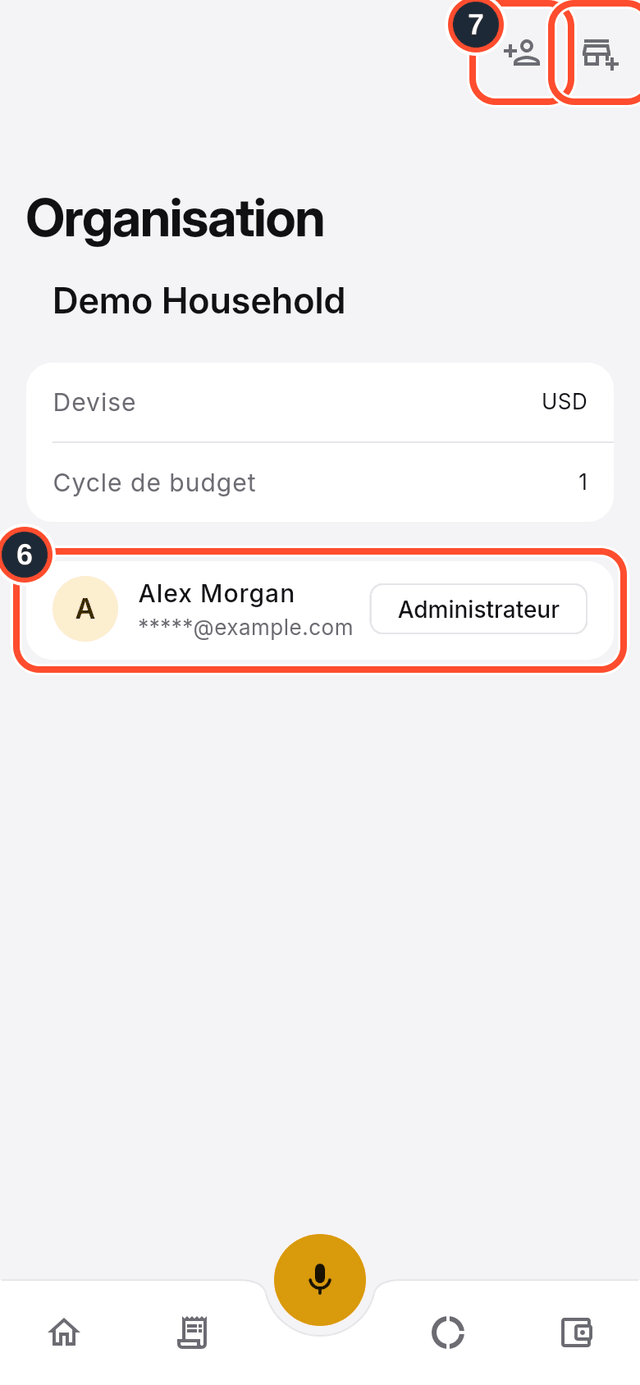 L'écran Organisation avec les membres et le bouton d'invitation repérés