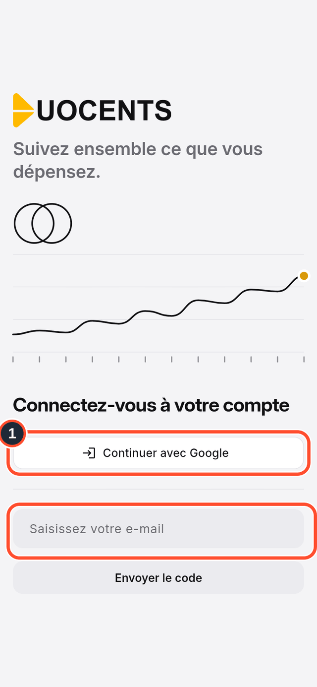 L'écran de connexion avec le bouton Google et le champ e-mail signalés